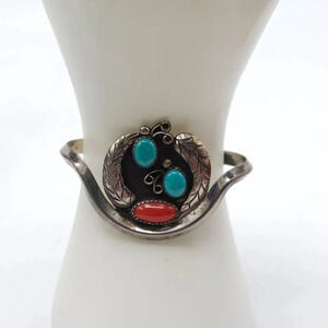 Vintage Unique Blue Turquoise Red Coral Sterling Silver Cuff Bracelet Navajo